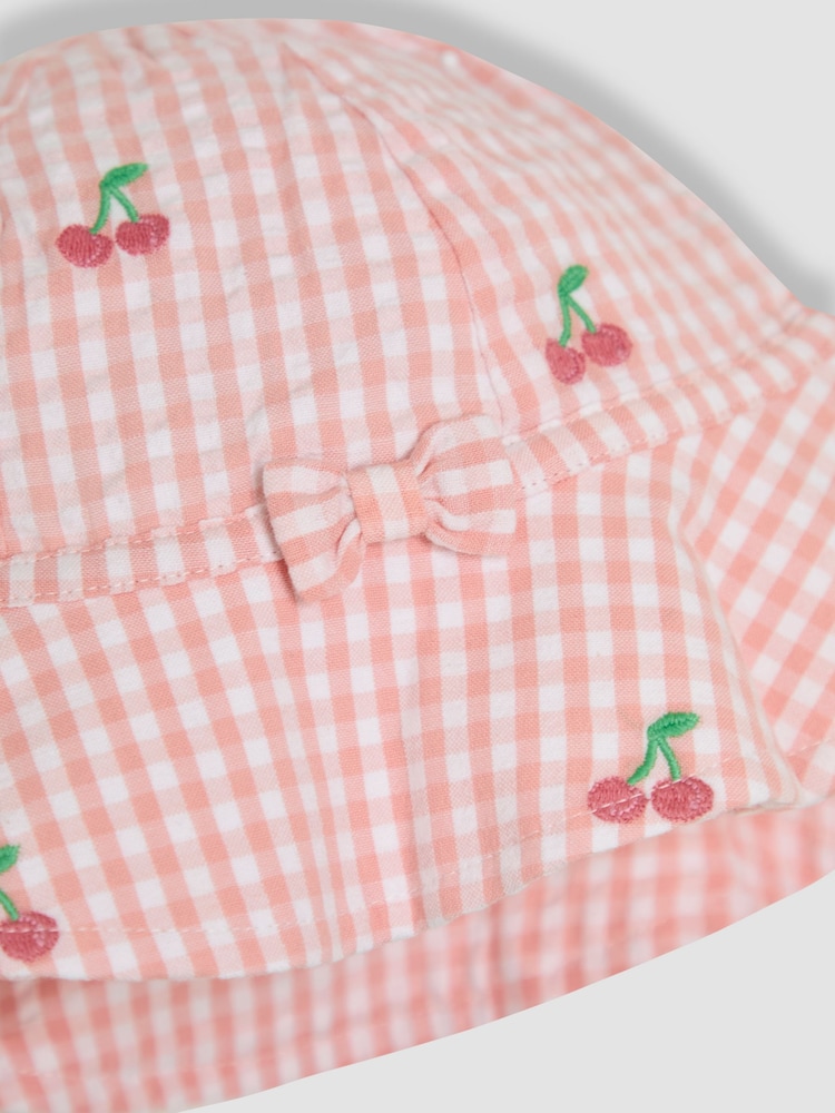 JoJo Maman Bébé Pink Cherry Embroidered 3-Piece Frill Shoulder Baby Dress, Knicker & Hat Set - Image 6 of 6