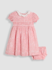 JoJo Maman Bébé Pink Garden Floral Smocked Woven 100% Cotton Dress - Image 1 of 4