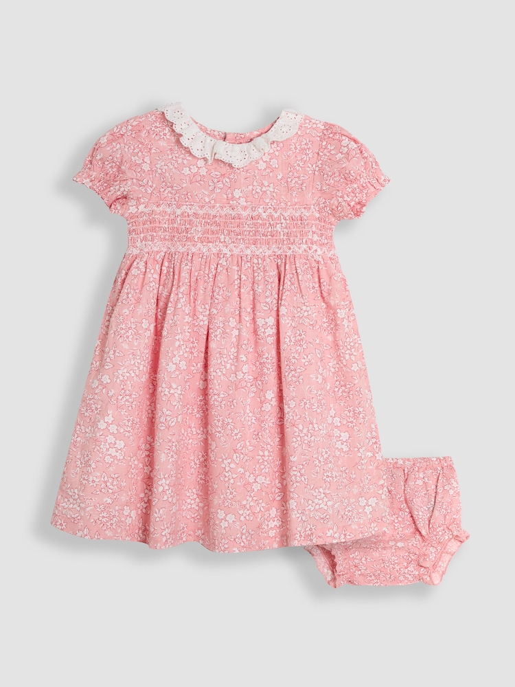 JoJo Maman Bébé Pink Garden Floral Smocked Woven 100% Cotton Dress - Image 1 of 4