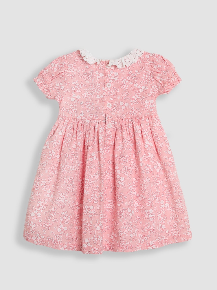 JoJo Maman Bébé Pink Garden Floral Smocked Woven 100% Cotton Dress - Image 2 of 4