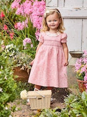 JoJo Maman Bébé Pink Garden Floral Smocked Woven 100% Cotton Dress - Image 5 of 6