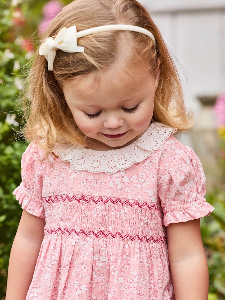 JoJo Maman Bébé Pink Garden Floral Smocked Woven 100% Cotton Dress - Image 6 of 6