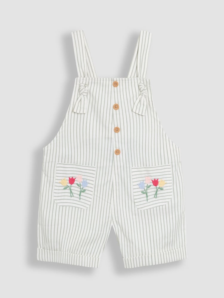 JoJo Maman Bébé Green Floral 100% Cotton Embroidered Stripe Dungarees - Image 1 of 3