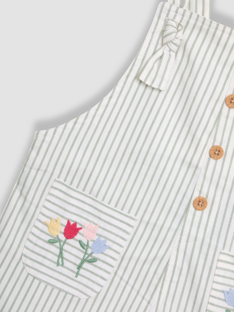 JoJo Maman Bébé Green Floral 100% Cotton Embroidered Stripe Dungarees - Image 3 of 3 JoJo Maman Bébé Green Floral 100% Cotton Embroidered Stripe Dungarees - Image 3 of 3