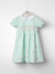 JoJo Maman Bébé Green Floral Seersucker Embroidered Smocked Dress - Image 1 of 3