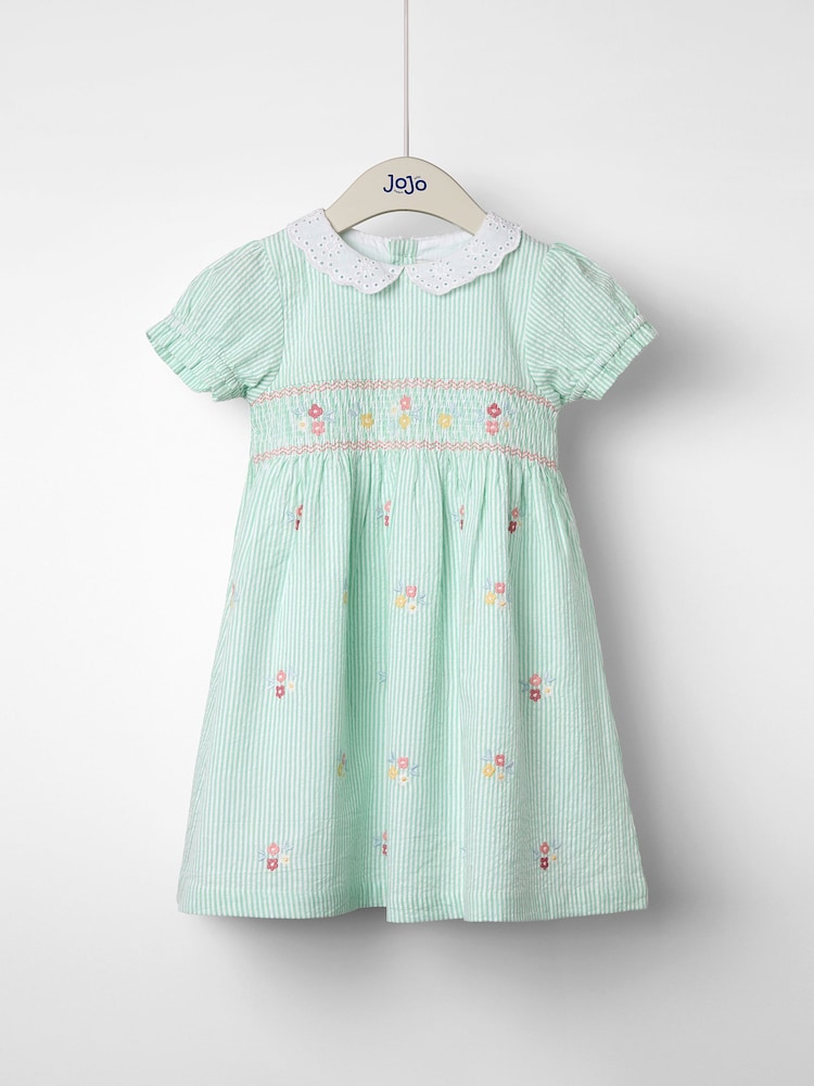 JoJo Maman Bébé Green Floral Seersucker Embroidered Smocked Dress - Image 1 of 3