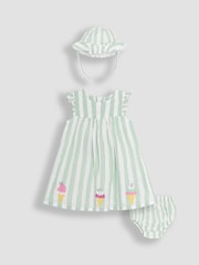 JoJo Maman Bébé Aqua Green Ice Cream Embroidered 3-Piece Frill Shoulder Baby Dress, Knicker & Hat Set - Image 1 of 7