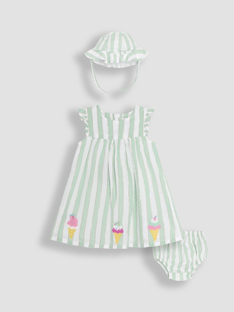 JoJo Maman Bébé Aqua Green Ice Cream Embroidered 3-Piece Frill Shoulder Baby Dress, Knicker & Hat Set - Image 1 of 7