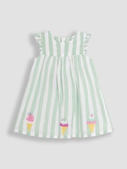 JoJo Maman Bébé Aqua Green Ice Cream Embroidered 3-Piece Frill Shoulder Baby Dress, Knicker & Hat Set - Image 2 of 7