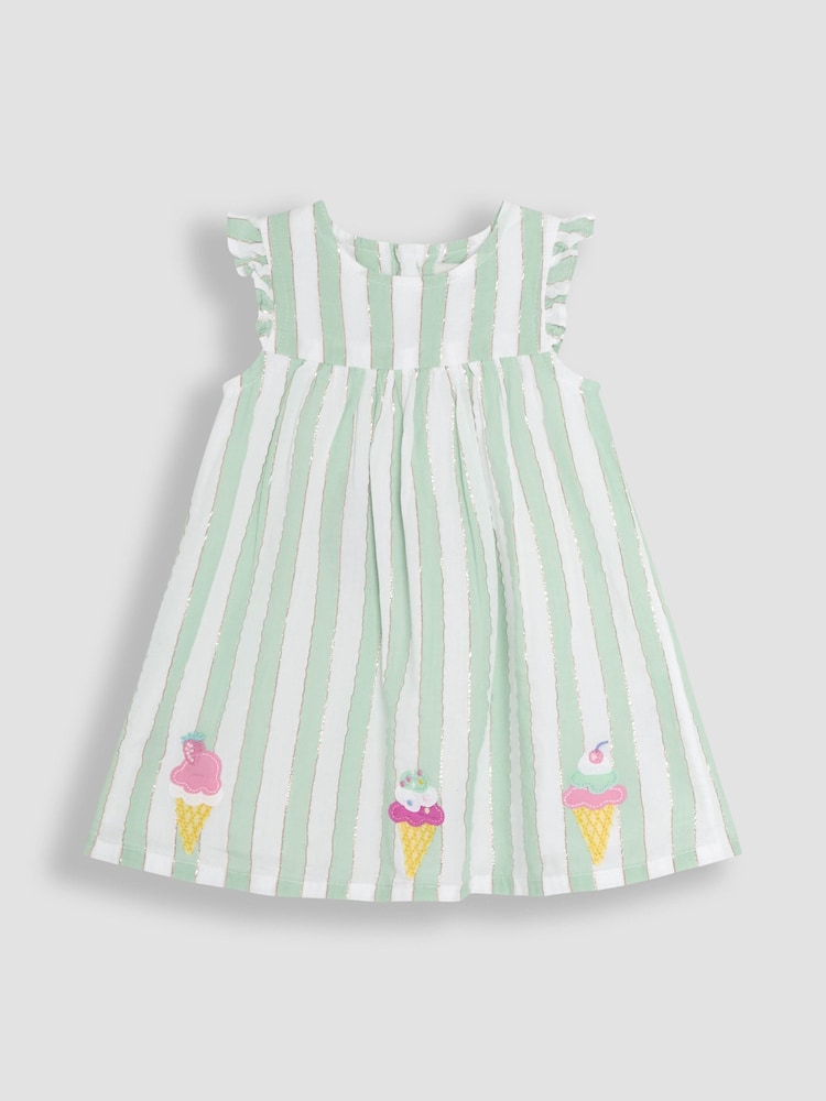 JoJo Maman Bébé Aqua Green Ice Cream Embroidered 3-Piece Frill Shoulder Baby Dress, Knicker & Hat Set - Image 2 of 7