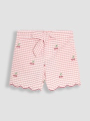 JoJo Maman Bébé Pink Gingham Cherry Embroidered Scallop Hem 100% Cotton Shorts - Image 1 of 3
