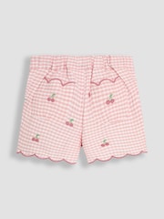 JoJo Maman Bébé Pink Gingham Cherry Embroidered Scallop Hem 100% Cotton Shorts - Image 2 of 3