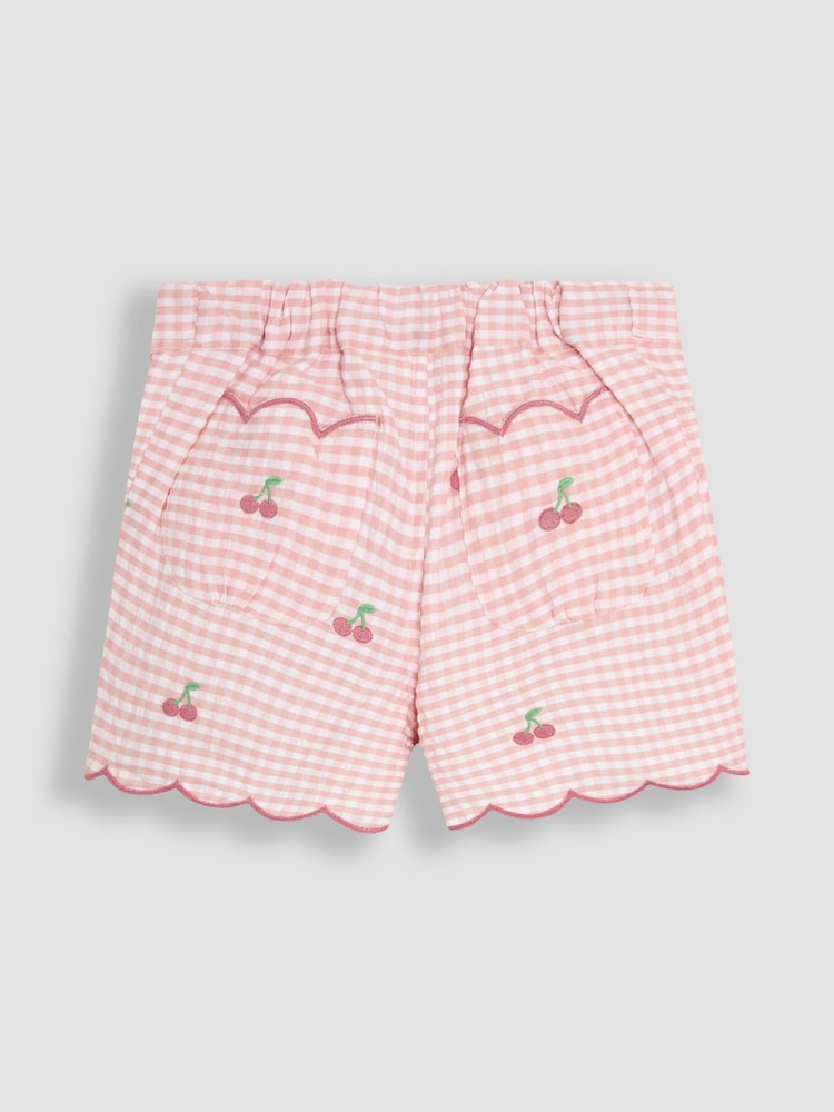 JoJo Maman Bébé Pink Gingham Cherry Embroidered Scallop Hem 100% Cotton Shorts - Image 2 of 3