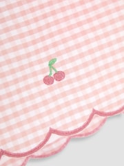 JoJo Maman Bébé Pink Gingham Cherry Embroidered Scallop Hem 100% Cotton Shorts - Image 3 of 3