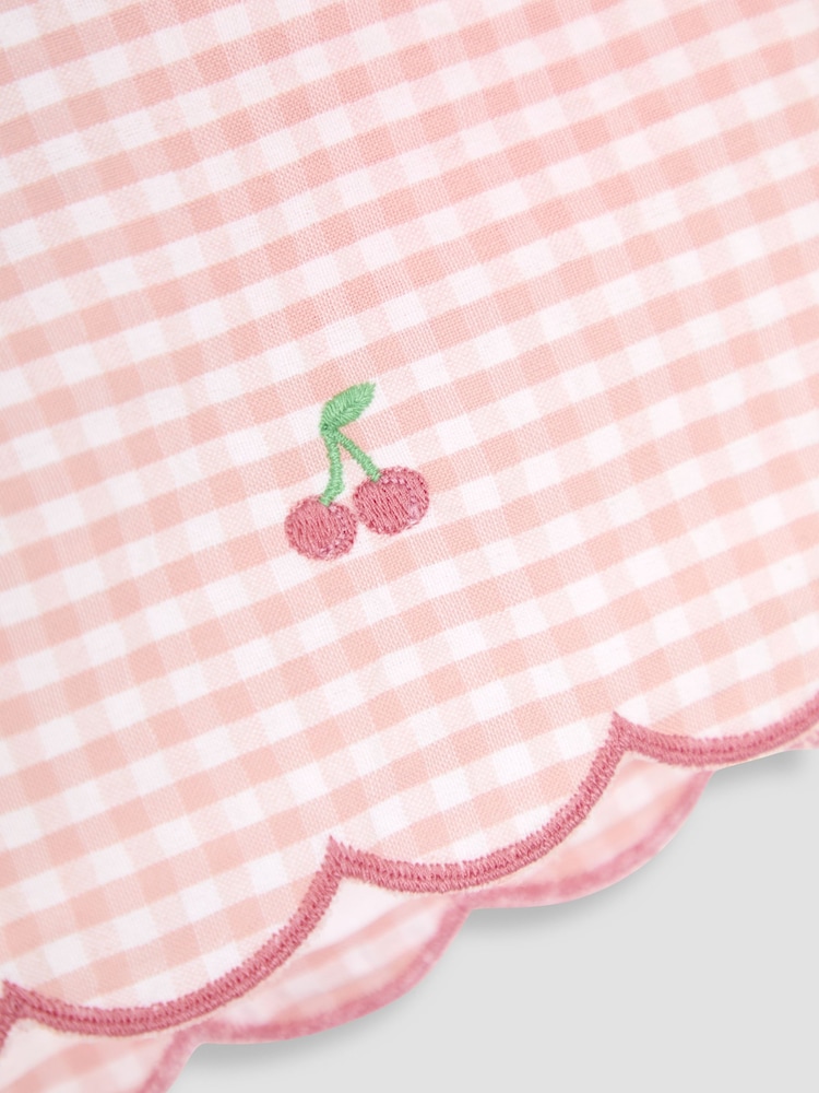 JoJo Maman Bébé Pink Gingham Cherry Embroidered Scallop Hem 100% Cotton Shorts - Image 3 of 3