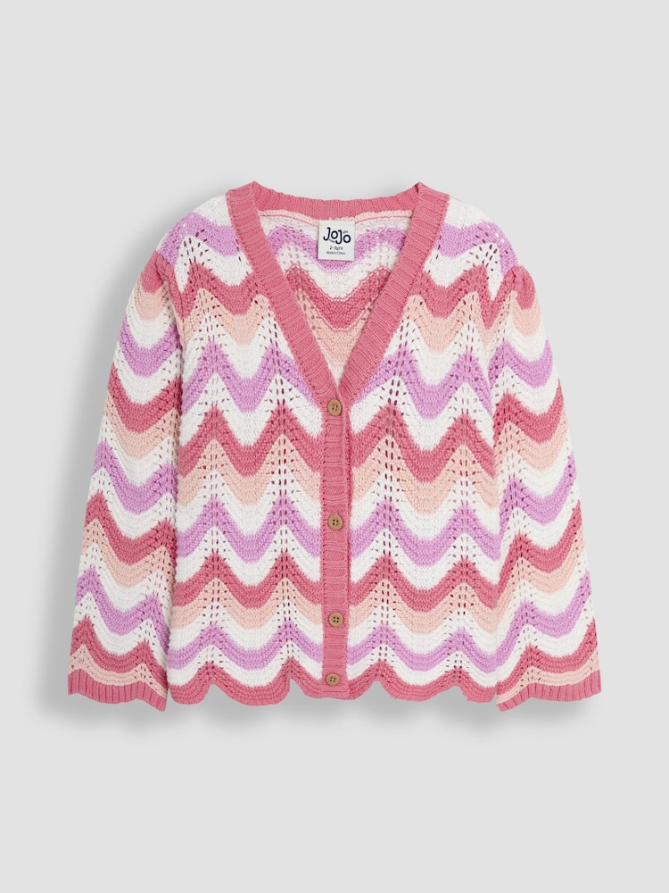 JoJo Maman Bébé Pink Chevron Crochet 100% Cotton Cardigan - Image 1 of 3