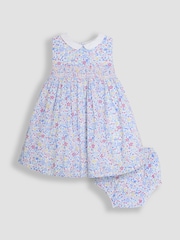 JoJo Maman Bébé Pink Cherry Ditsy Floral Print Smocked Sleeveless Summer 100% Cotton Dress - Image 1 of 4