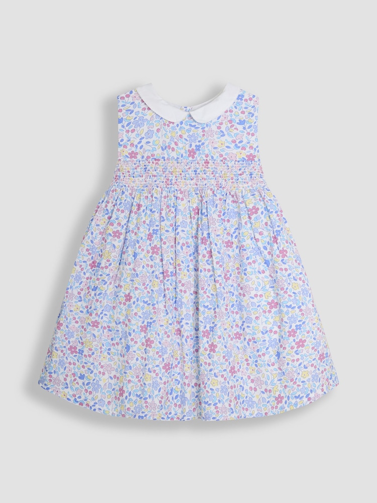 JoJo Maman Bébé Pink Cherry Ditsy Floral Print Smocked Sleeveless Summer 100% Cotton Dress - Image 2 of 4