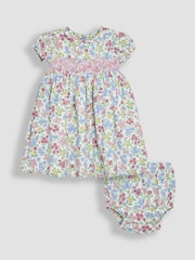 JoJo Maman Bébé Pink & Blue Floral Smocked Woven 100% Cotton Dress - Image 1 of 5
