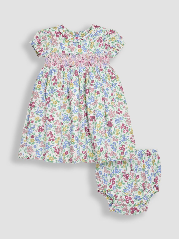 JoJo Maman Bébé Pink & Blue Floral Smocked Woven 100% Cotton Dress - Image 1 of 5