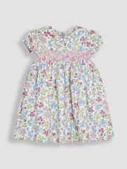 JoJo Maman Bébé Pink & Blue Floral Smocked Woven 100% Cotton Dress - Image 2 of 5
