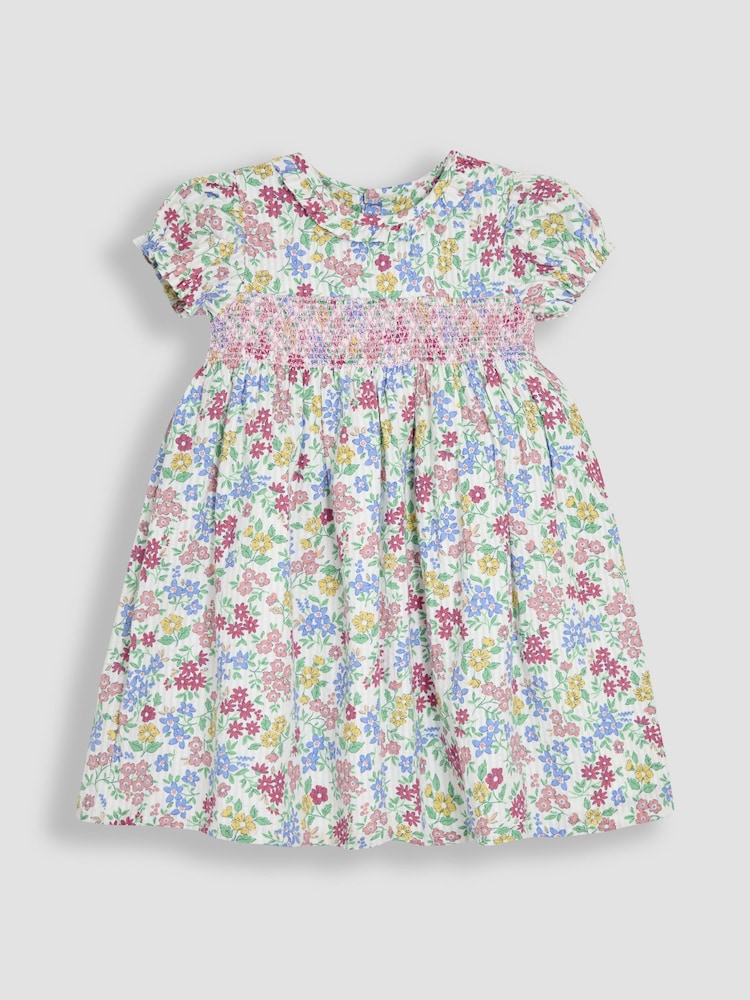 JoJo Maman Bébé Pink & Blue Floral Smocked Woven 100% Cotton Dress - Image 2 of 5