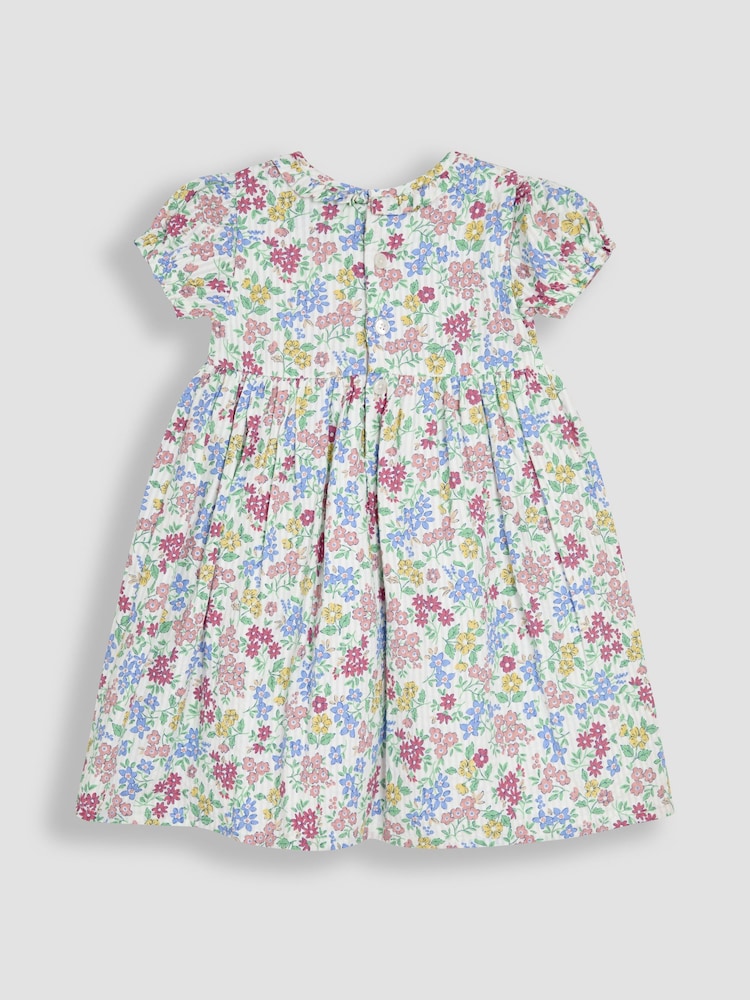 JoJo Maman Bébé Pink & Blue Floral Smocked Woven 100% Cotton Dress - Image 3 of 5