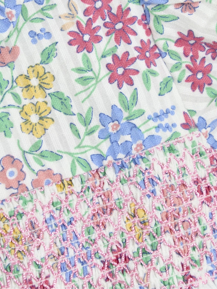 JoJo Maman Bébé Pink & Blue Floral Smocked Woven 100% Cotton Dress - Image 4 of 5