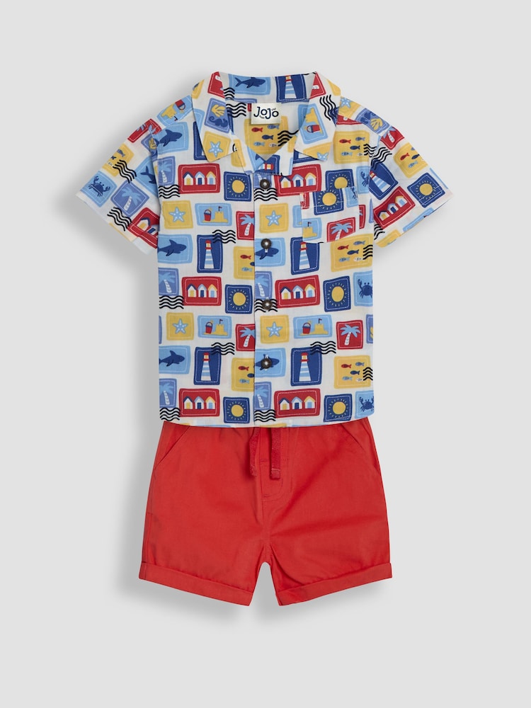 JoJo Maman Bébé Red Seaside 2-Piece Printed Shirt & Twill Shorts Set - Image 1 of 6