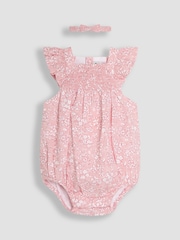 JoJo Maman Bébé Pink Floral Smocked Bodice Romper & Headband - Image 1 of 5