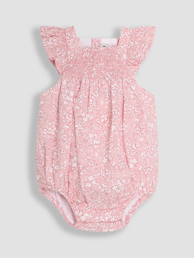 JoJo Maman Bébé Pink Floral Smocked Bodice Romper & Headband - Image 2 of 5