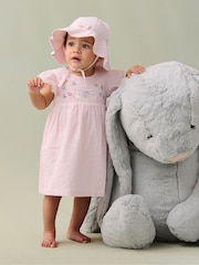 JoJo Maman Bébé Pink Bunny Embroidered 3-Piece Frill Shoulder Baby Dress, Knicker & Hat Set - Image 1 of 8