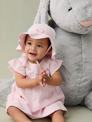 JoJo Maman Bébé Pink Bunny Embroidered 3-Piece Frill Shoulder Baby Dress, Knicker & Hat Set - Image 2 of 8