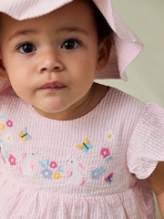 JoJo Maman Bébé Pink Bunny Embroidered 3-Piece Frill Shoulder Baby Dress, Knicker & Hat Set - Image 3 of 8