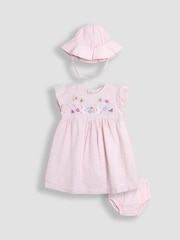 JoJo Maman Bébé Pink Bunny Embroidered 3-Piece Frill Shoulder Baby Dress, Knicker & Hat Set - Image 4 of 8