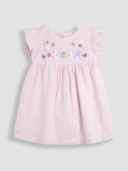 JoJo Maman Bébé Pink Bunny Embroidered 3-Piece Frill Shoulder Baby Dress, Knicker & Hat Set - Image 5 of 8
