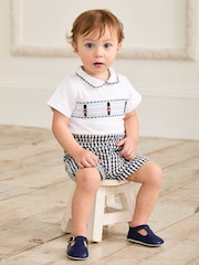 JoJo Maman Bébé Navy 2-Piece Smocked Embroidered Body & Shorts Set - Image 1 of 10