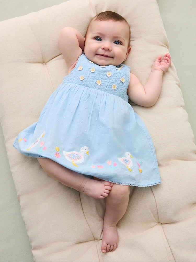 JoJo Maman Bébé Blue Duck Floral Baby Appliqué 100% Cotton Dress - Image 1 of 6