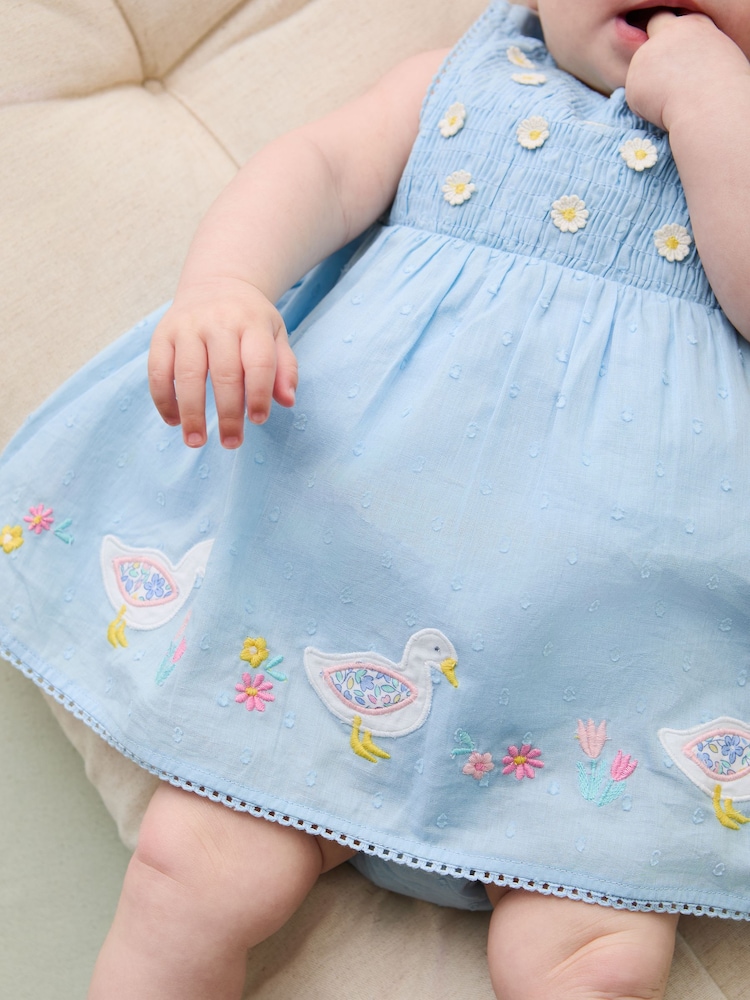 JoJo Maman Bébé Blue Duck Floral Baby Appliqué 100% Cotton Dress - Image 2 of 6