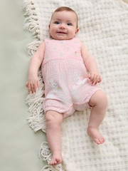 Pink Smocked Stripe Bunny - JoJo Maman Bébé Appliqué Pocket 100% Cotton Dungarees - Imagen 1 de 6