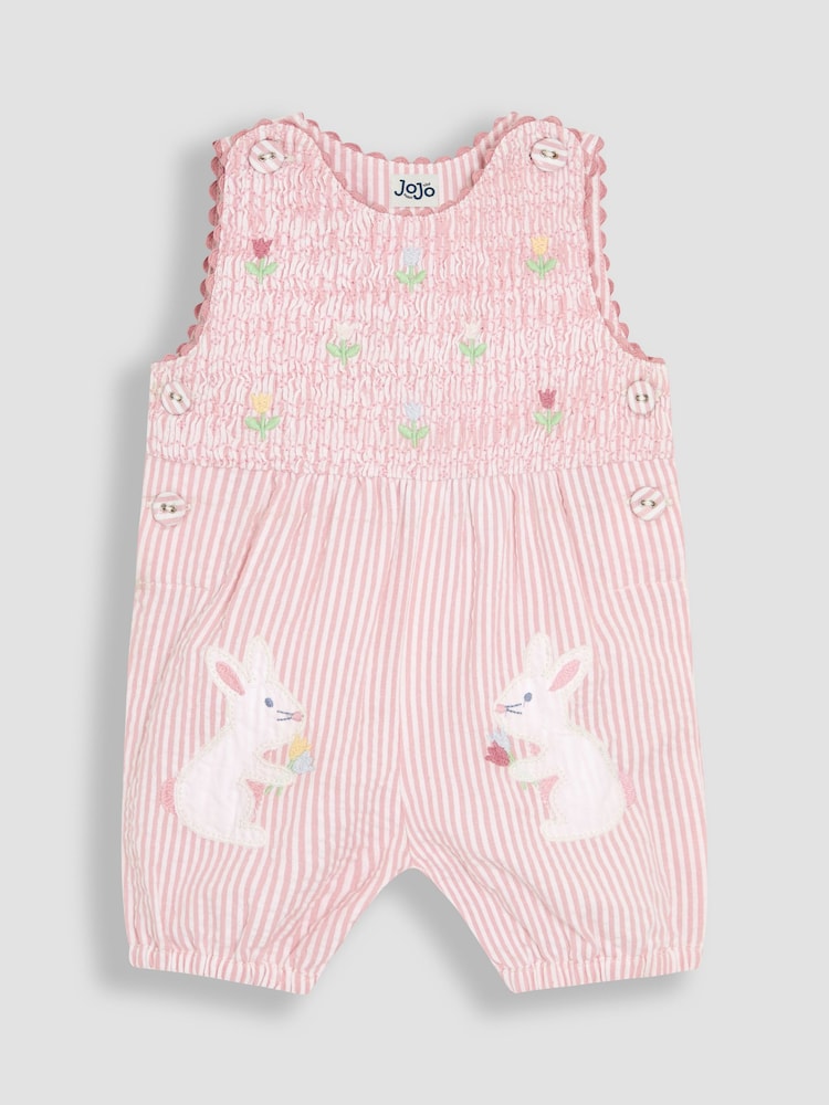 Pink Smocked Stripe Bunny - JoJo Maman Bébé Appliqué Pocket 100% Cotton Dungarees - Imagen 1 de 6