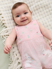 Pink Smocked Stripe Bunny - JoJo Maman Bébé Appliqué Pocket 100% Cotton Dungarees - Imagen 2 de 6