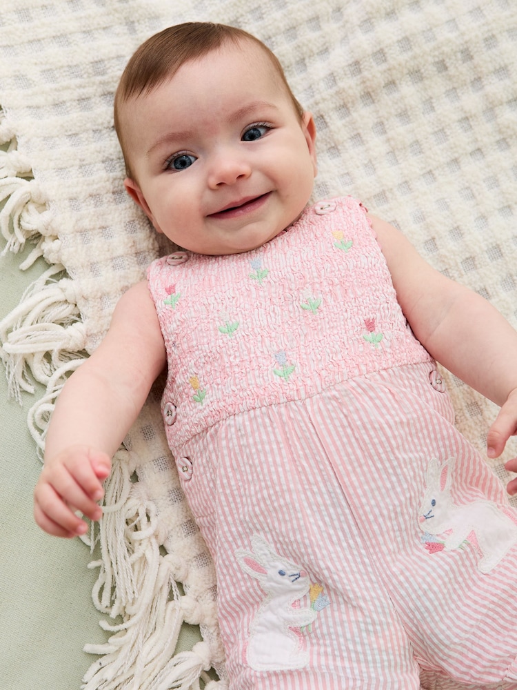 Pink Smocked Stripe Bunny - JoJo Maman Bébé Appliqué Pocket 100% Cotton Dungarees - Imagen 2 de 6