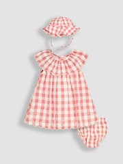 JoJo Maman Bébé Pink Gingham Mouse Embroidered 3-Piece Scallop Baby Dress, Knicker & Hat Set - Image 1 of 6