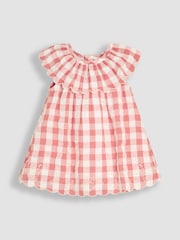 JoJo Maman Bébé Pink Gingham Mouse Embroidered 3-Piece Scallop Baby Dress, Knicker & Hat Set - Image 2 of 6