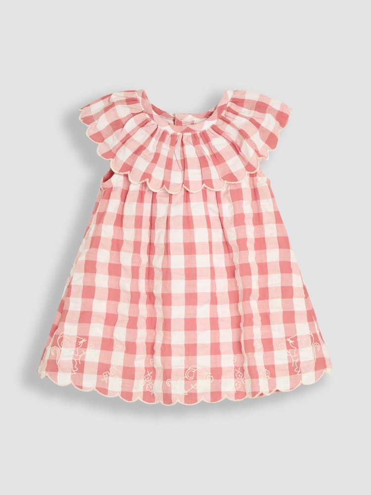 JoJo Maman Bébé Pink Gingham Mouse Embroidered 3-Piece Scallop Baby Dress, Knicker & Hat Set - Image 2 of 6