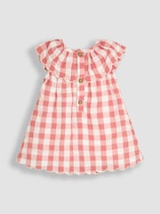 JoJo Maman Bébé Pink Gingham Mouse Embroidered 3-Piece Scallop Baby Dress, Knicker & Hat Set - Image 3 of 6
