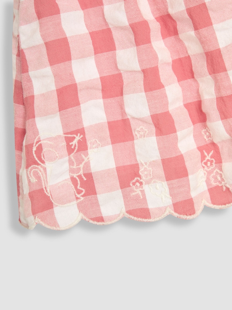 JoJo Maman Bébé Pink Gingham Mouse Embroidered 3-Piece Scallop Baby Dress, Knicker & Hat Set - Image 6 of 6