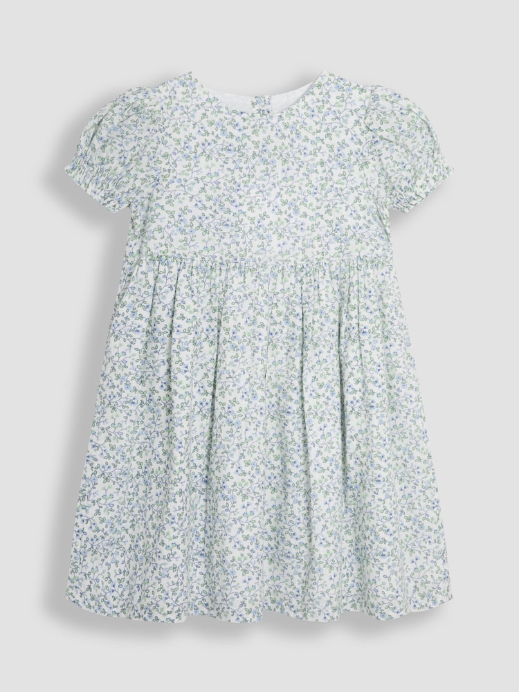 JoJo Maman Bébé Blue Ditsy Floral Print Puff Sleeve Dress - Image 1 of 3