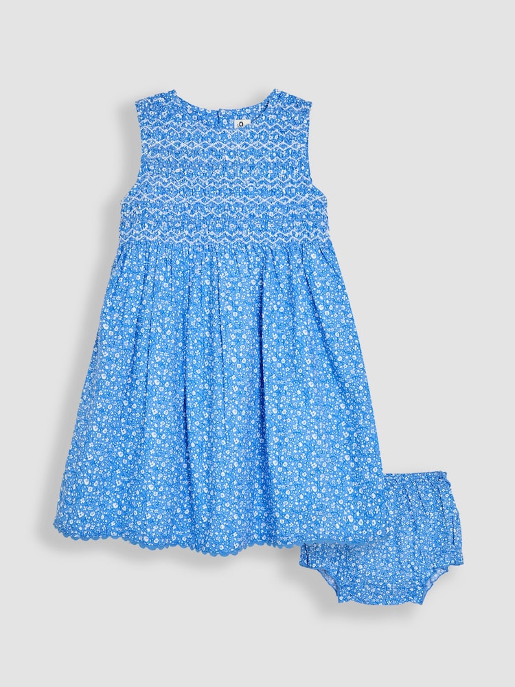 JoJo Maman Bébé Blue Floral Smocked Summer Dress - Image 1 of 4